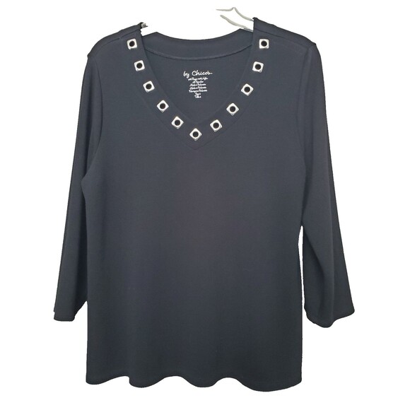Chico's Black V-Neck Hardware Detail Ponte Knit 3/4 Sleeve Blouse Size 2 Large - Picture 1 of 5